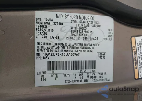 2005 Ford Explorer Xlt/Xlt Sport from USA, damaged, VIN 1FMZU73K15UA50967